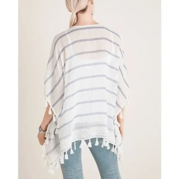 Chicos striped blue/white tassel trim poncho/kimono shirt/top cover up L/XL - Picture 2 of 7